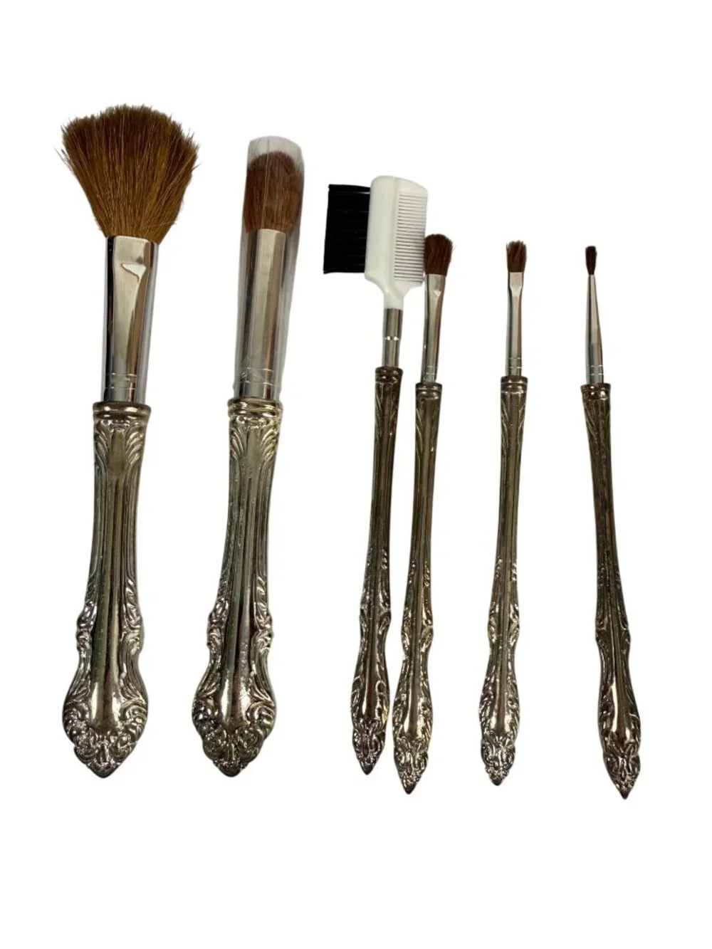 Vintage Style Elegance Silver-Plated Makeup Brush Set Carrying Case 6 Piece